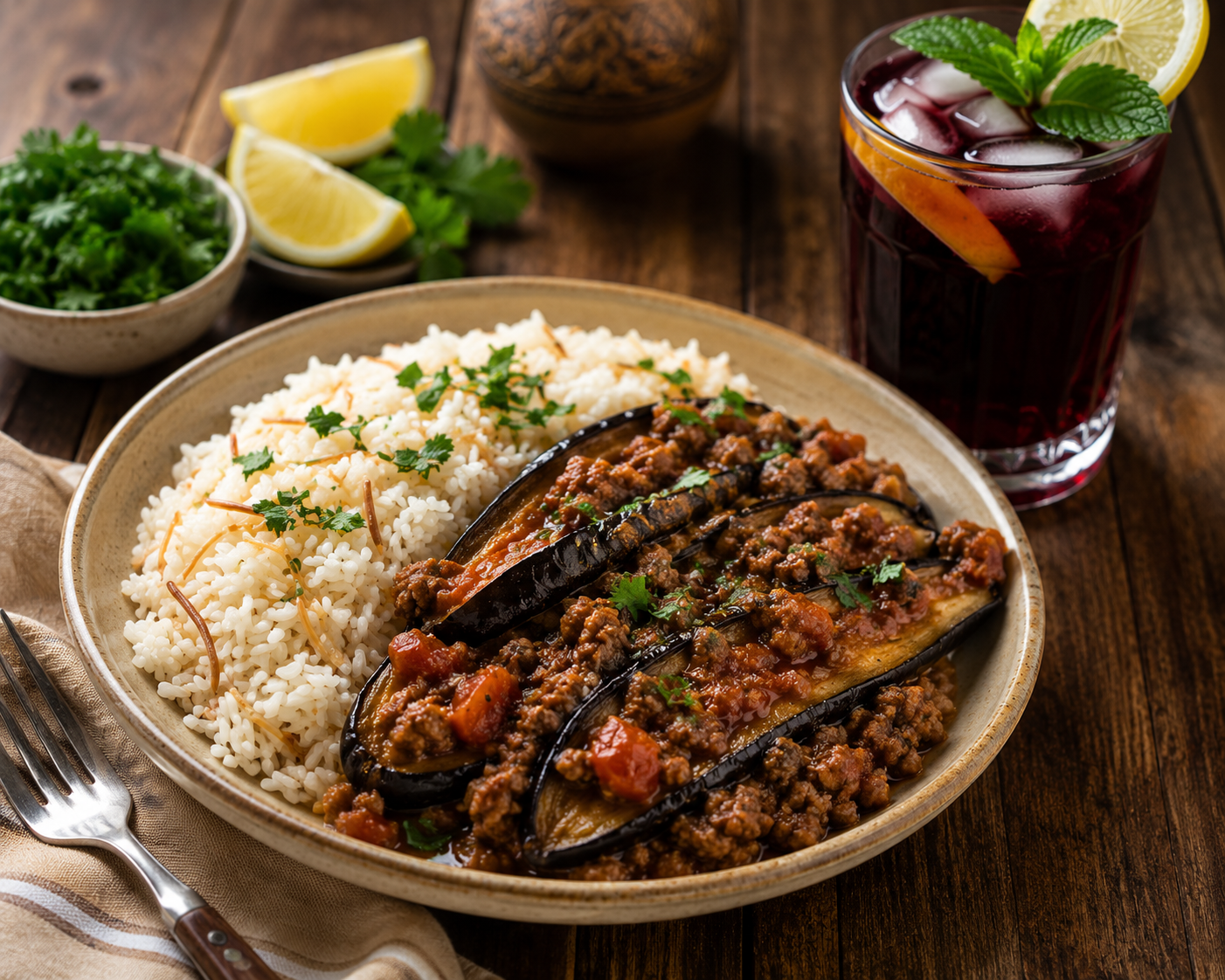 Aubergine à la viande hachée et riz